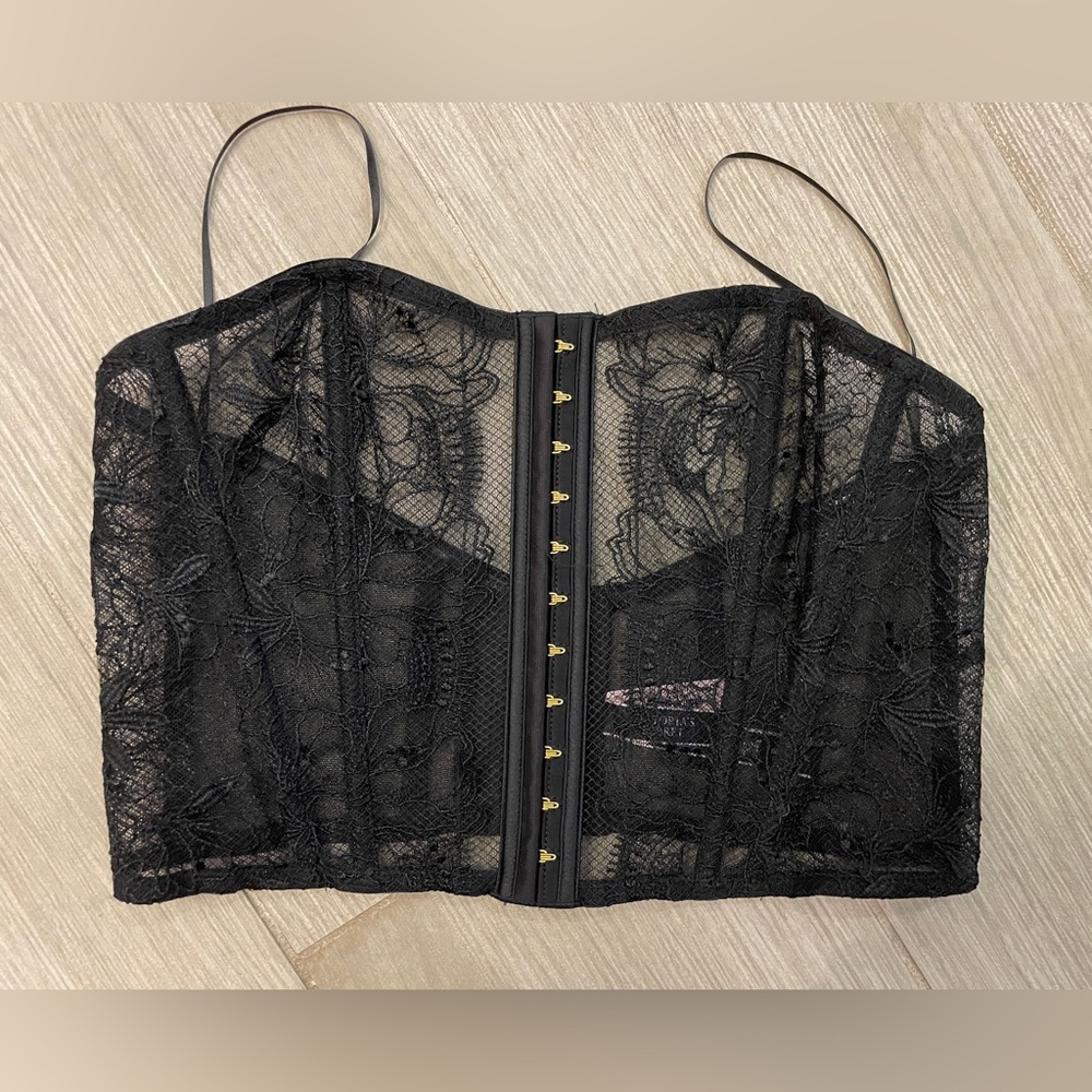 NWT Victoria’s Secret Strapless Bra Corset Black Sheer Lace size Medium